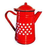 Red enameled coffee pot with white polka dots