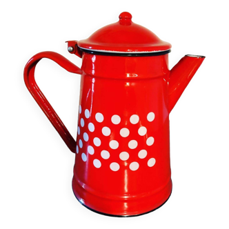 Red enameled coffee pot with white polka dots
