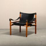 Fauteuil lounge Sirocco Safari d'Arne Norell en palissandre et cuir noir, Suède