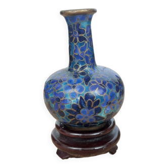 Miniature Chinese cloisonné vase with blue flower decoration