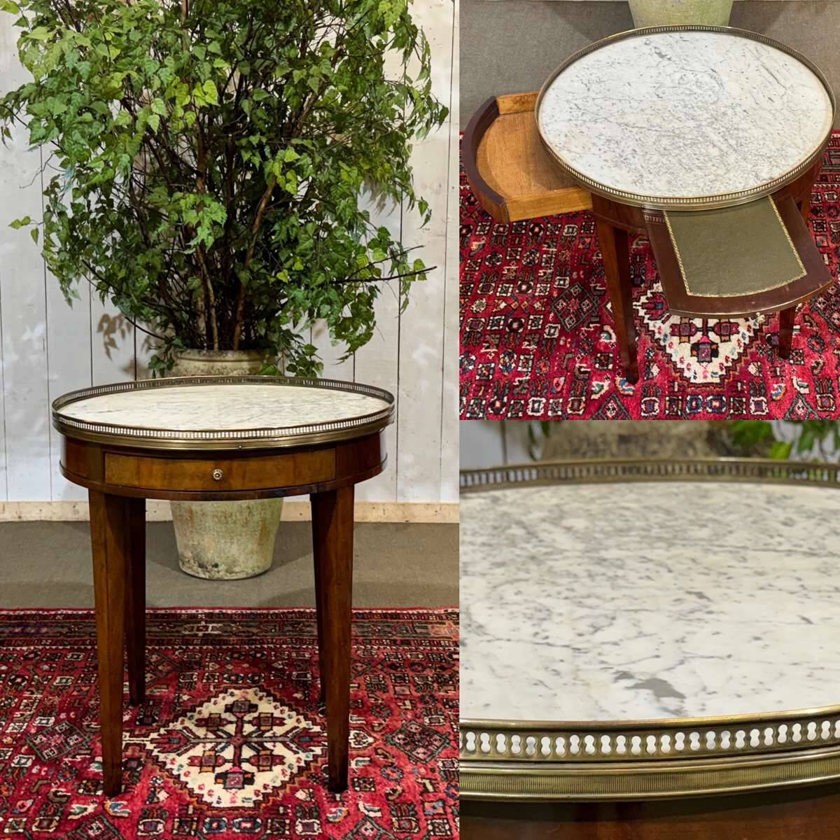 Louis XVI style bouillotte table in mahogany with a white marble top.