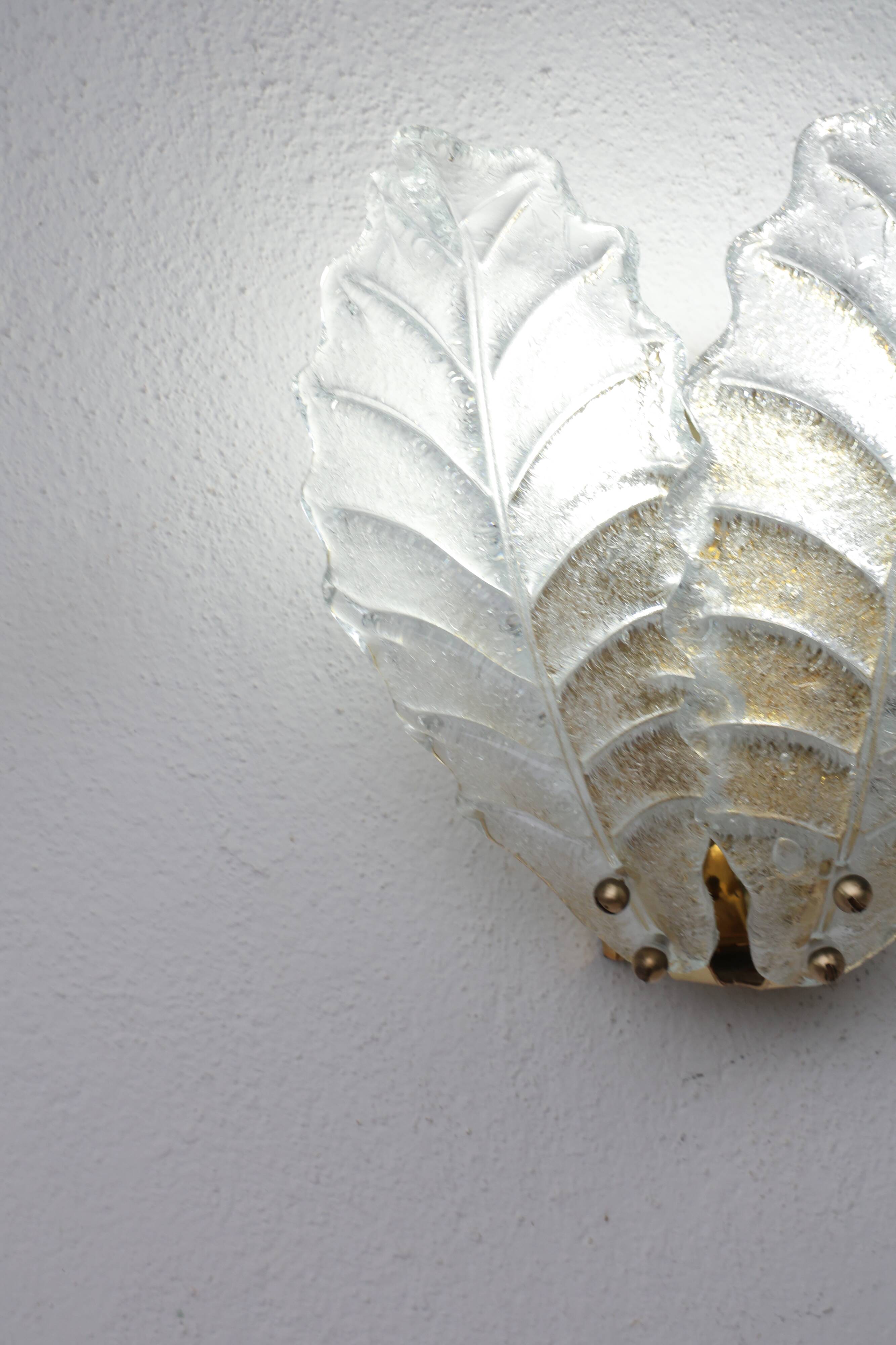 Set of 2 Taormina, Elegant Murano Wall Light Transparent Leaves, 1970
