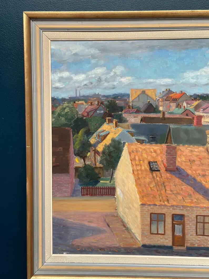 Large Original Swedish Oil on Panel – "Urban Landscape" by Wilhelm Matton – Signed – Dated 1947 – Framed – 83 × 73 cm (32.7 in × 28.7 in)