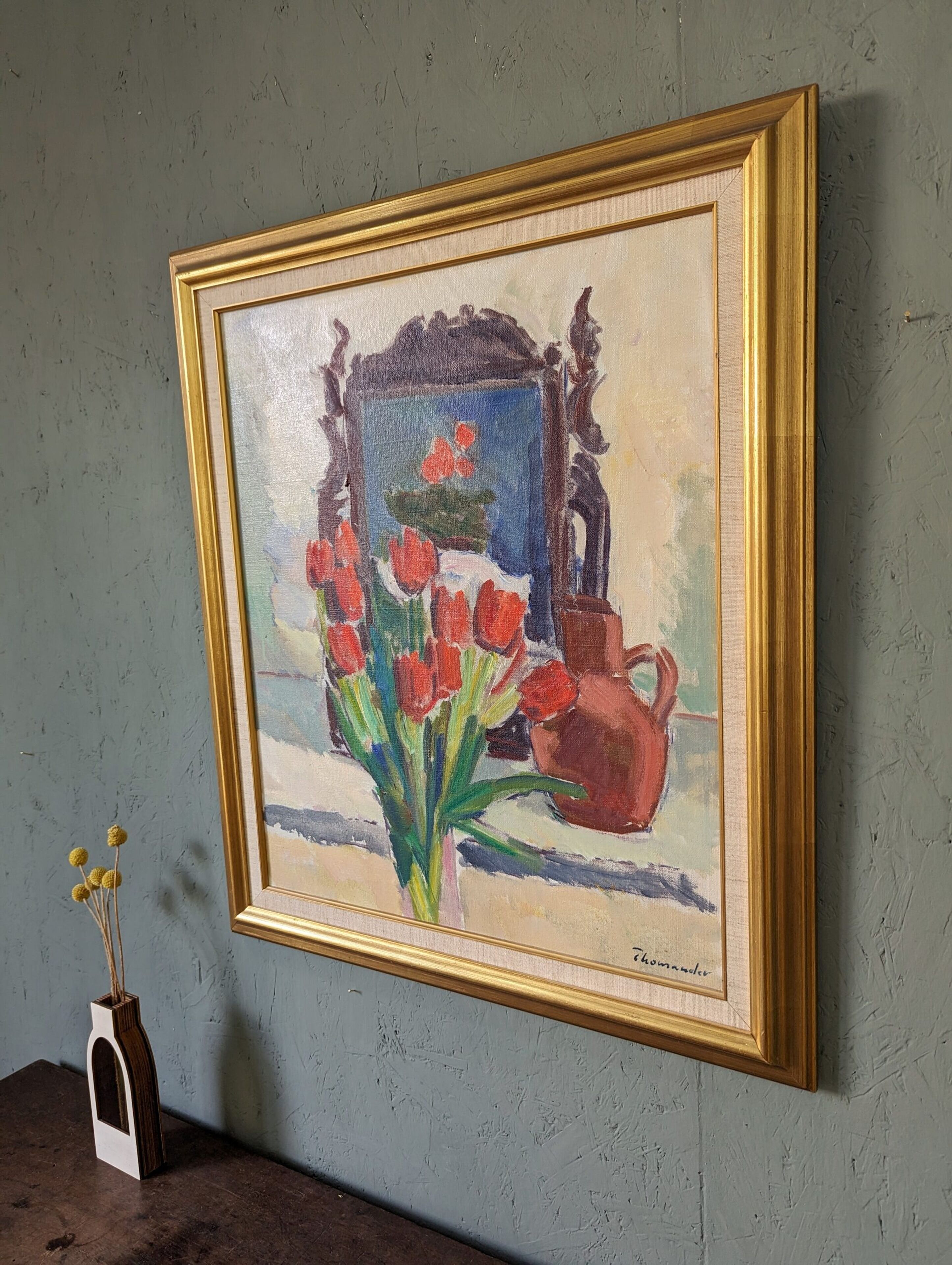 Mid-Century Modern "Window Red Tulips", Swedish Interior Still Life Oil Painting, Framed