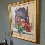 Mid-Century Modern "Window Red Tulips", Swedish Interior Still Life Oil Painting, Framed