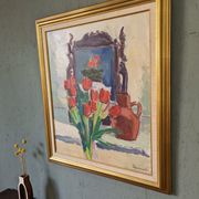 Mid-Century Modern "Window Red Tulips", Swedish Interior Still Life Oil Painting, Framed