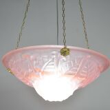 Pink Art Deco top quality pendant light with floral decorations, signed Degué
