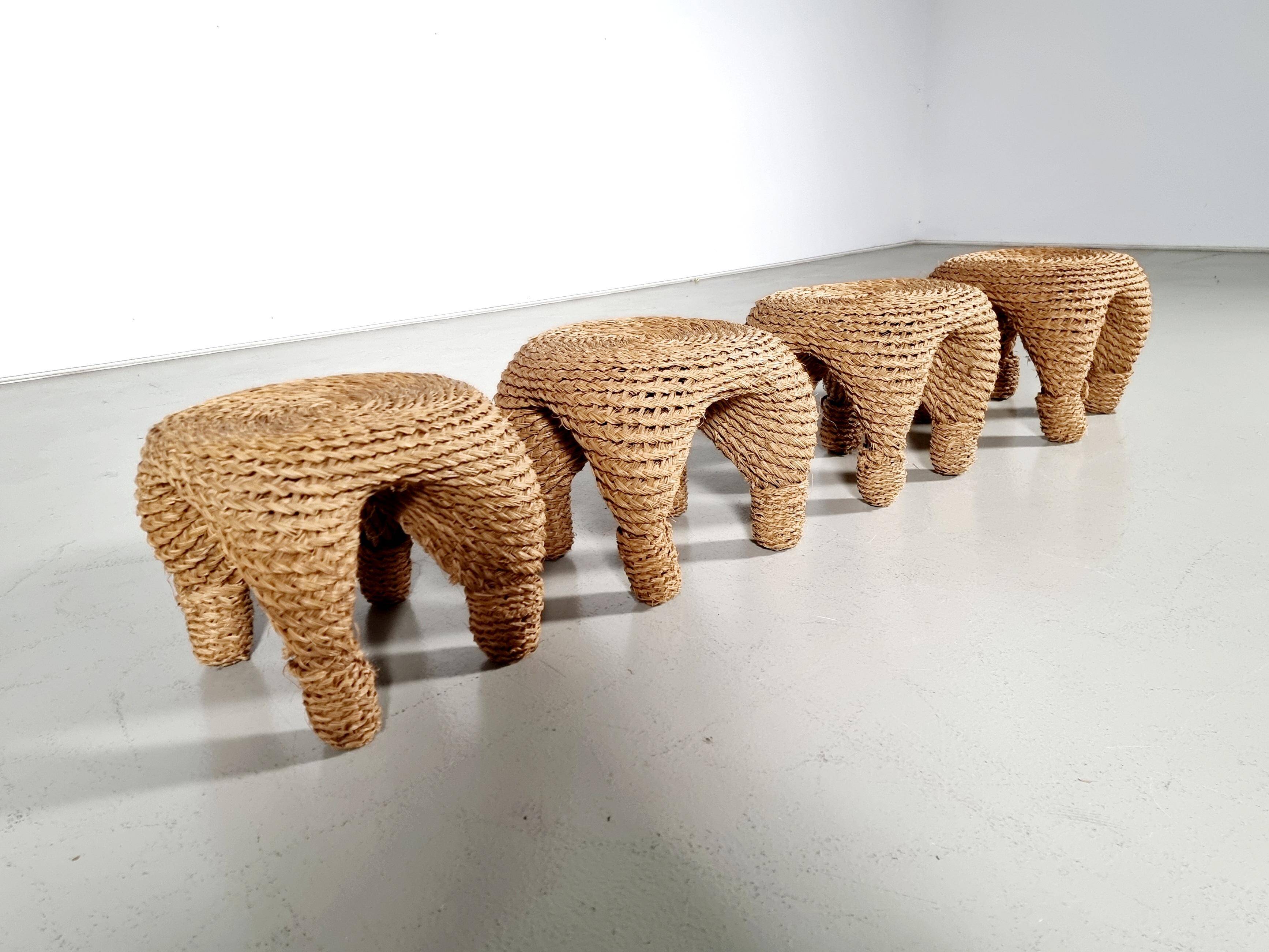 Wicker and pine needle table and stools, France, 1980s