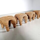 Wicker and pine needle table and stools, France, 1980s