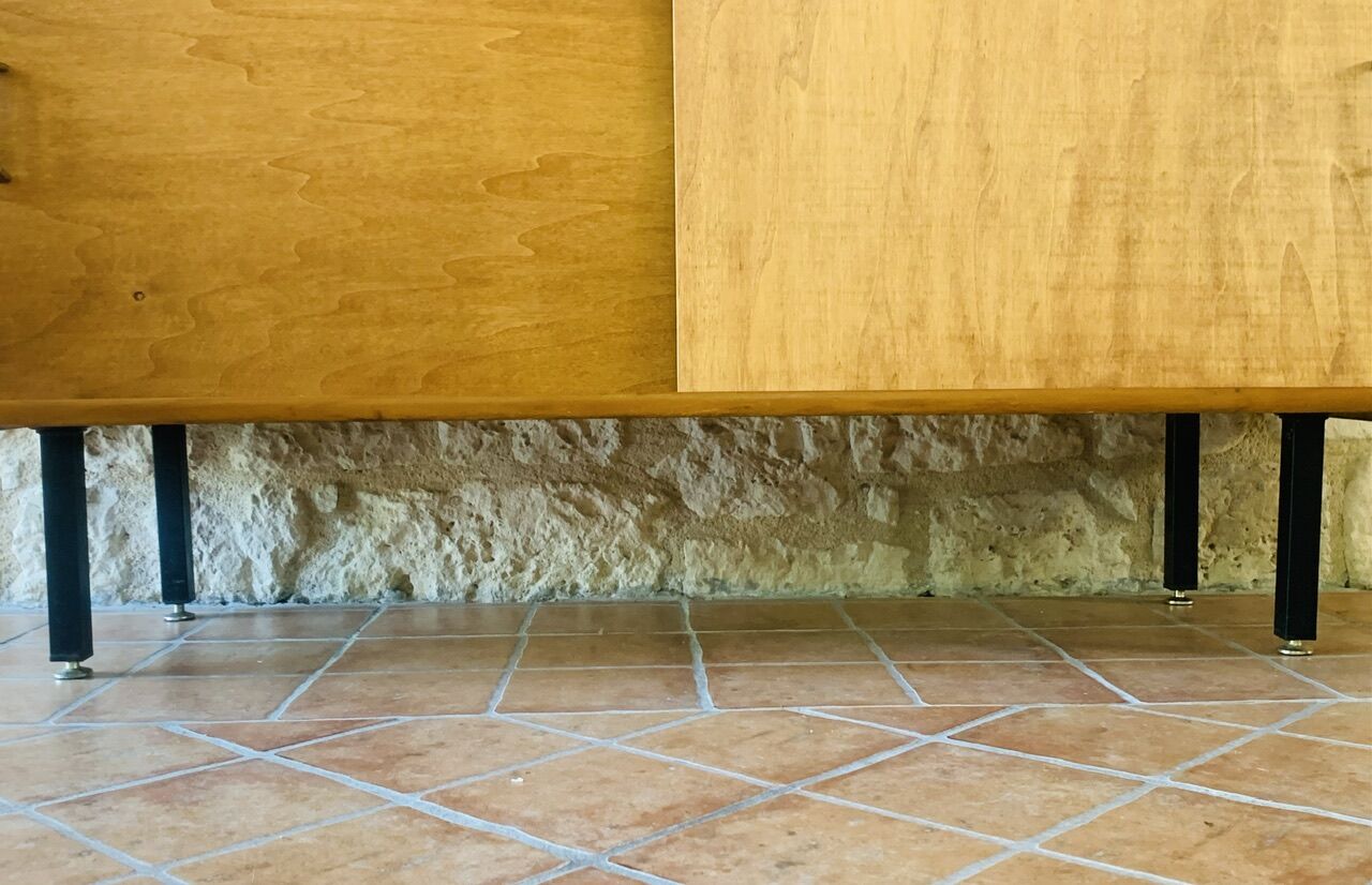 Small vintage row with sliding doors, metal legs Circa 50's