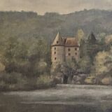 Petit tableau d'un chateau en bordure de rivière