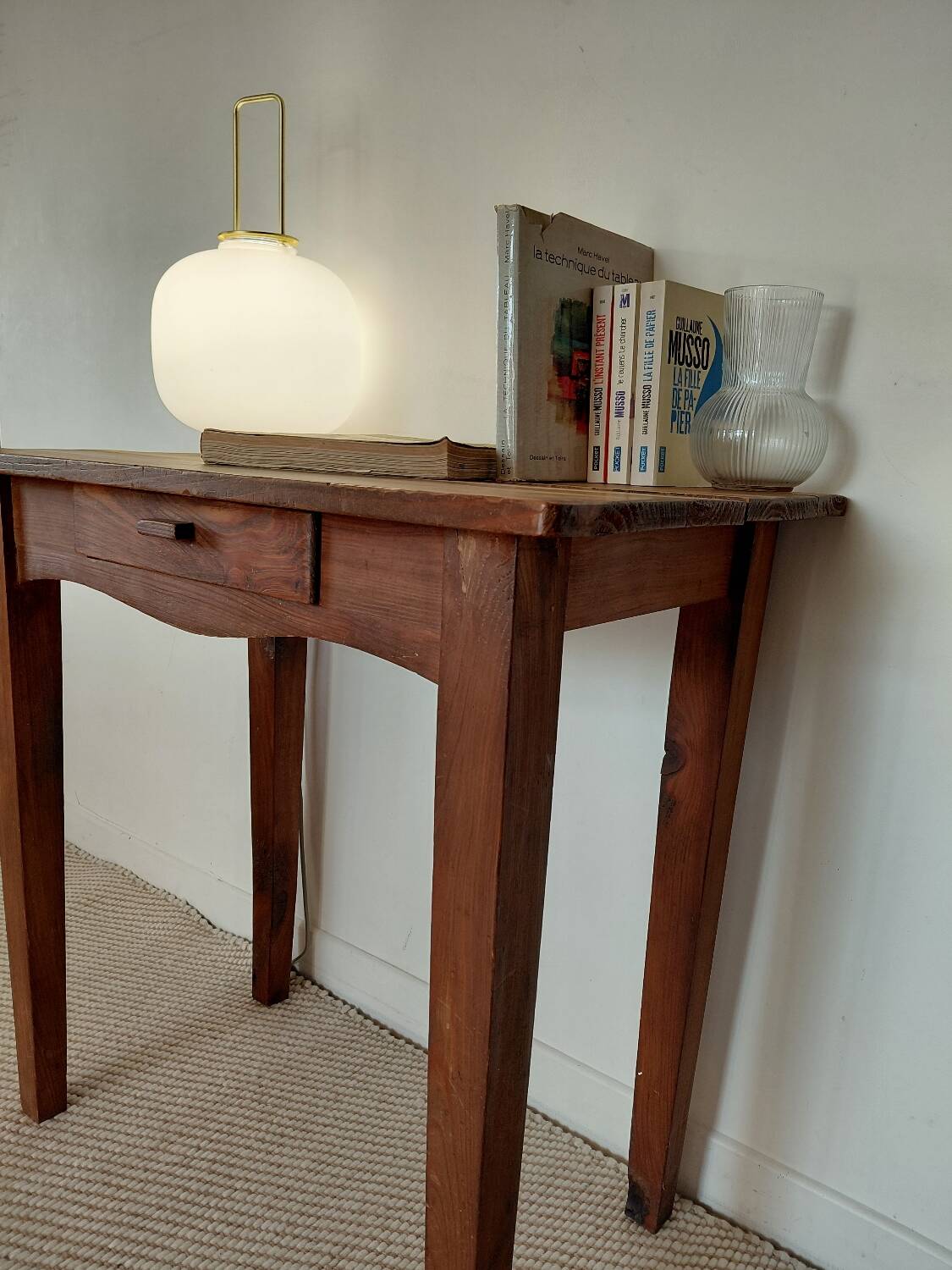 Old solid wood console - drawer - curved line - chic country style