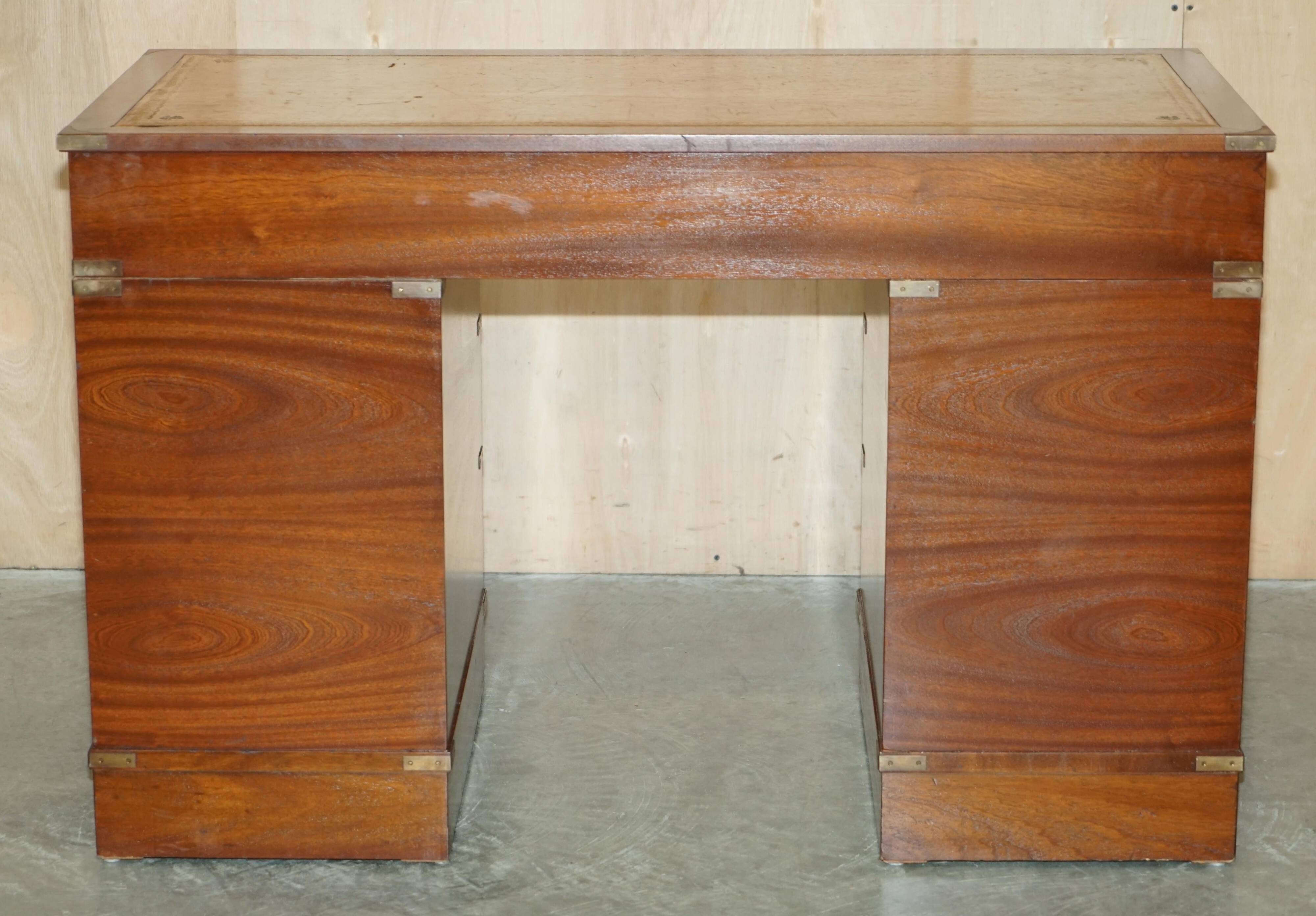 Vintage Harrods Kennedy desk in military campaign style with drawers.