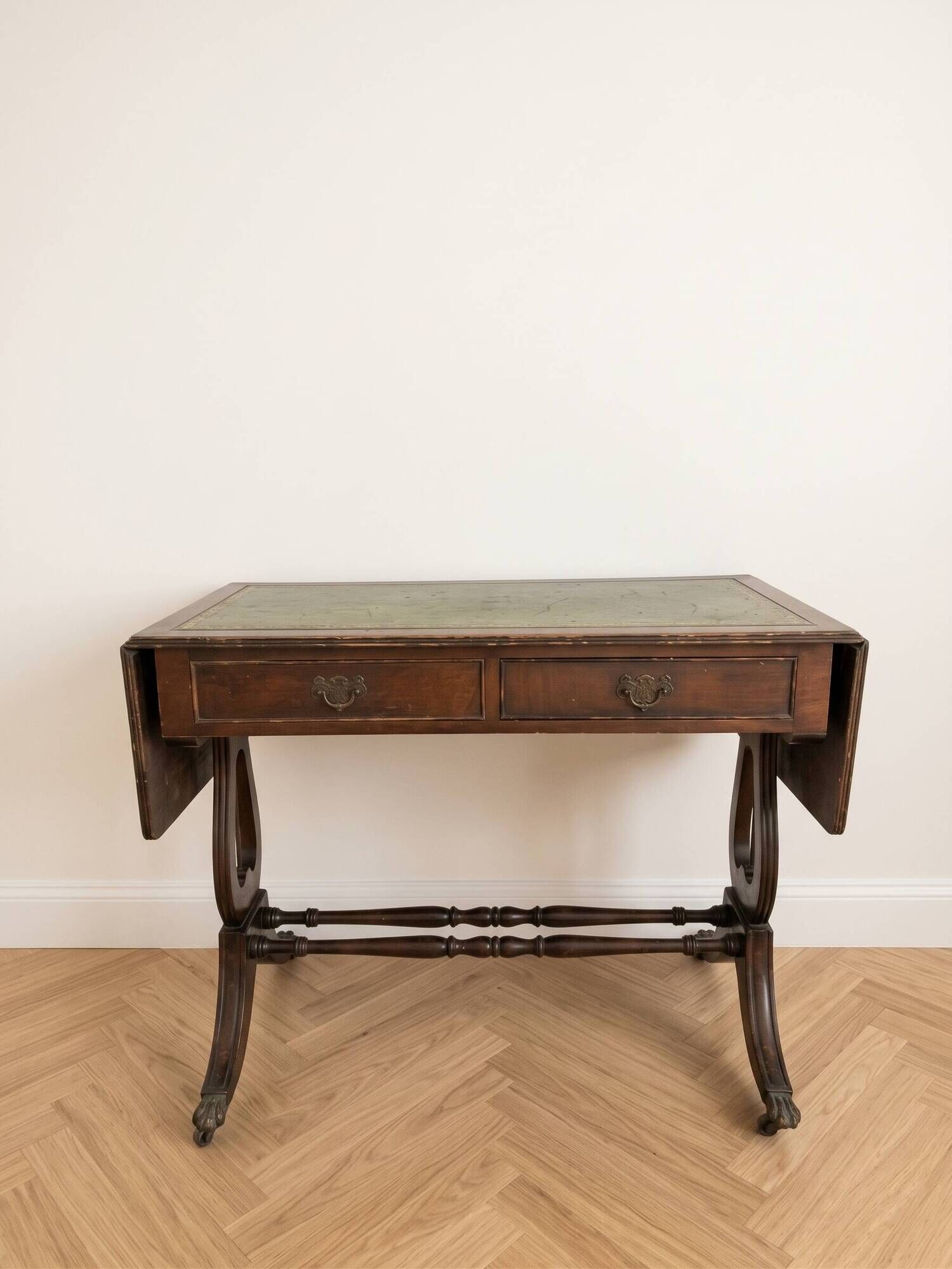 Napoleon III side table or desk in wood and green leather.