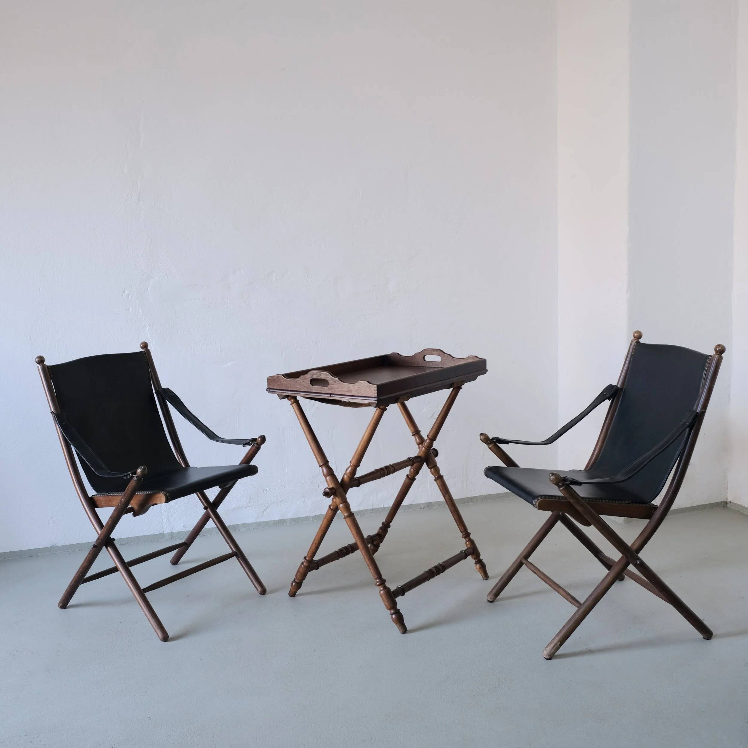 Vintage folding chair and tray table set | Campaign style
