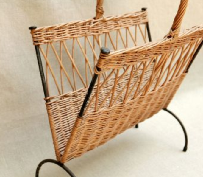 Magazine rack, iron and wicker 60 years
