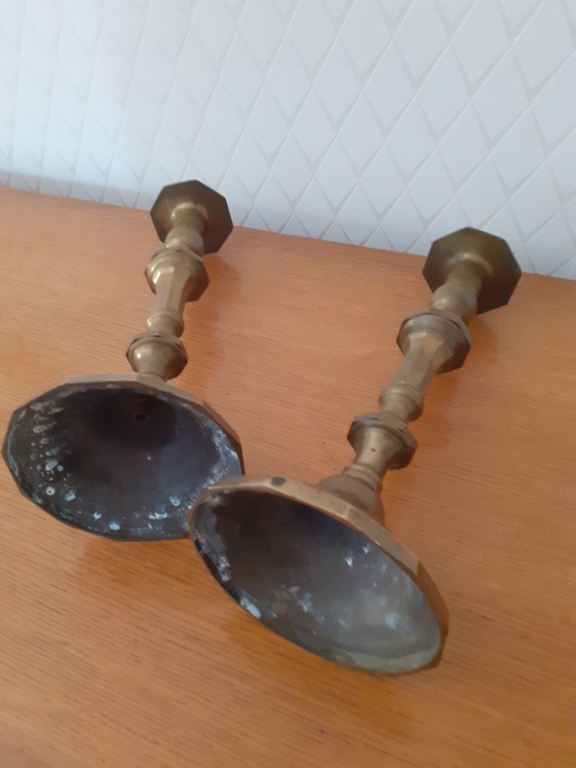 Pair of large bronze or brass candle holders