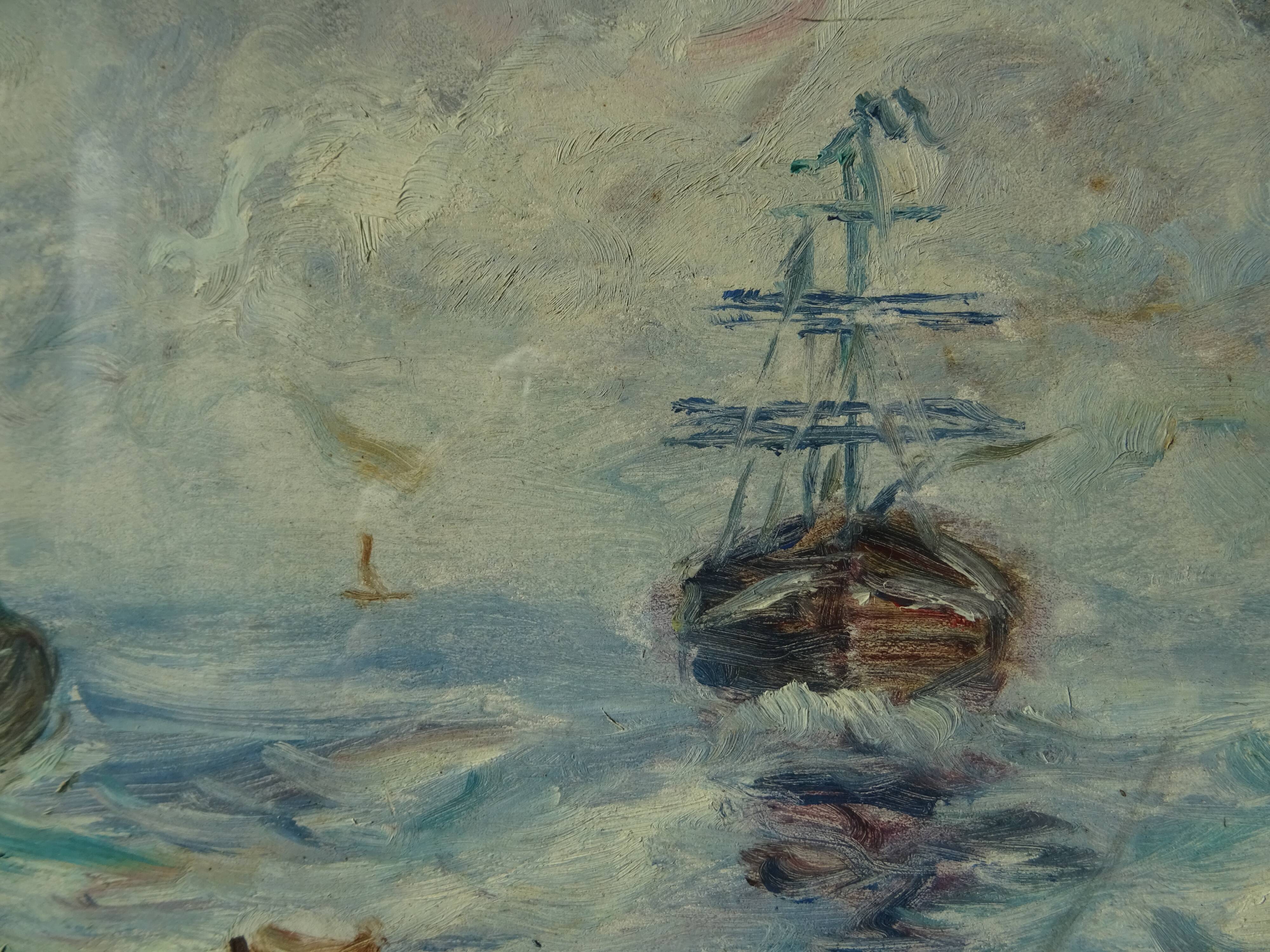 Old painting boat at sea signed