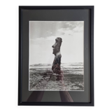 Vintage framed silver print, Moai of Easter Island, ethnological mission from 1970