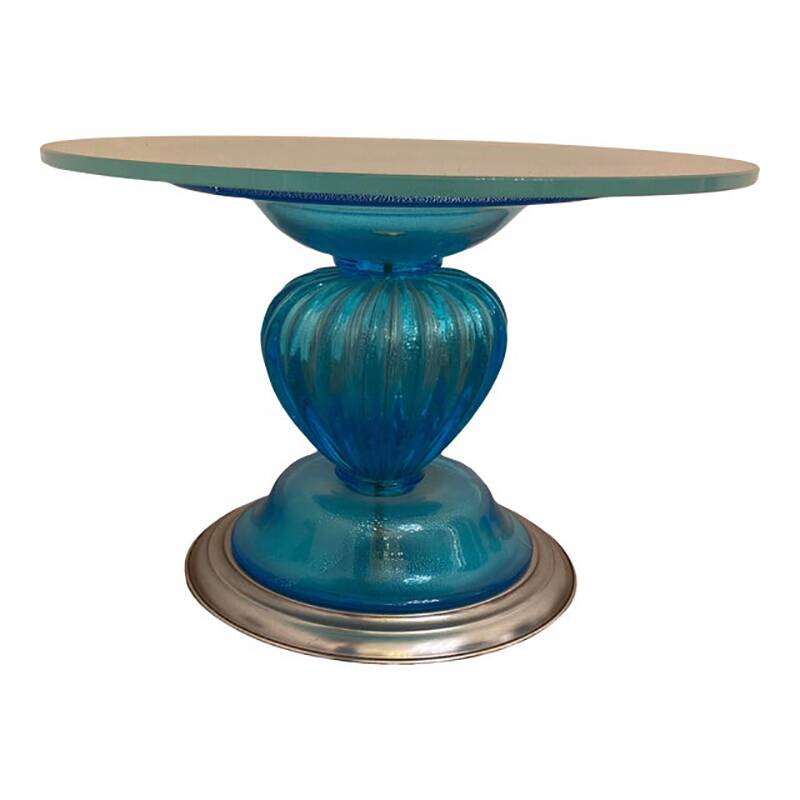 1980s Italian Venetian Blue and Silver Murano Glass Style Coffee Table