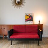 Day Bed sofa in skai, mottled red fabrics and black metal 1950