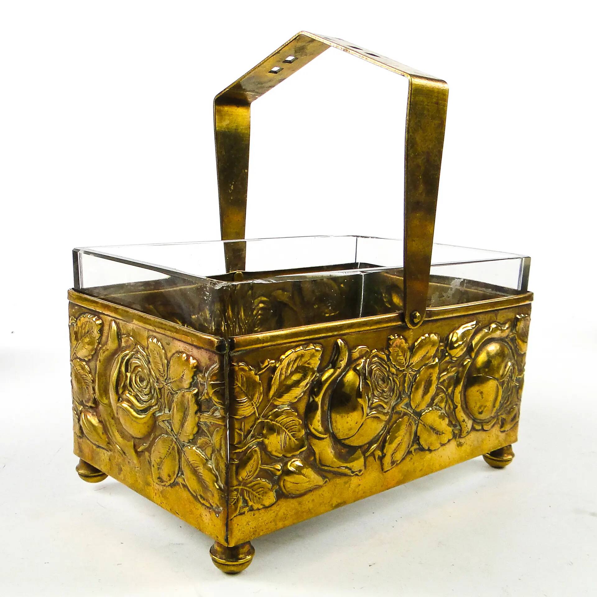 Panier à noix et fruits Art Déco, en laiton, cristal, Allemagne, années 1930