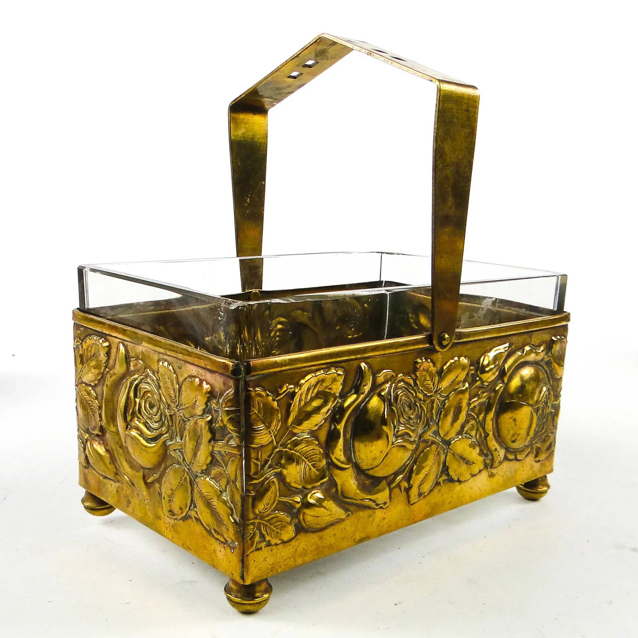 Art Deco nut and fruit basket, brass, crystal, Germany, 1930s