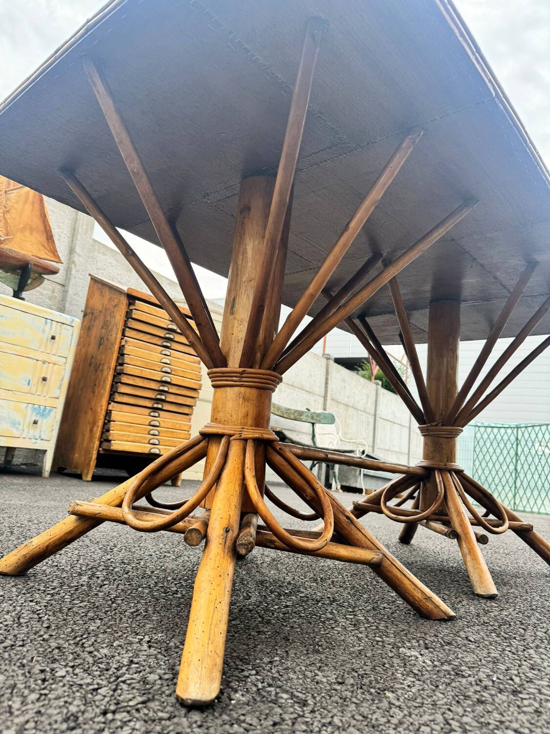 Vintage 1950s set: large table with tripod base and benches in woven chestnut