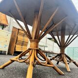 Vintage 50s set: large table - tripod base and woven chestnut benches