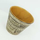 1950s plant pot abstract sgraffito decor shades of brown and beigt
