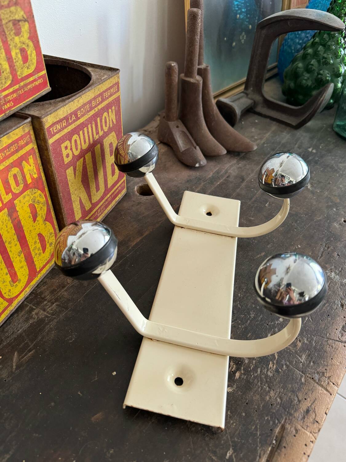 Wall coat rack with 2 vintage ball hooks