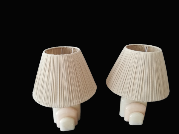 Pair of Art Deco marble alabaster pleated shade table lamps vintage