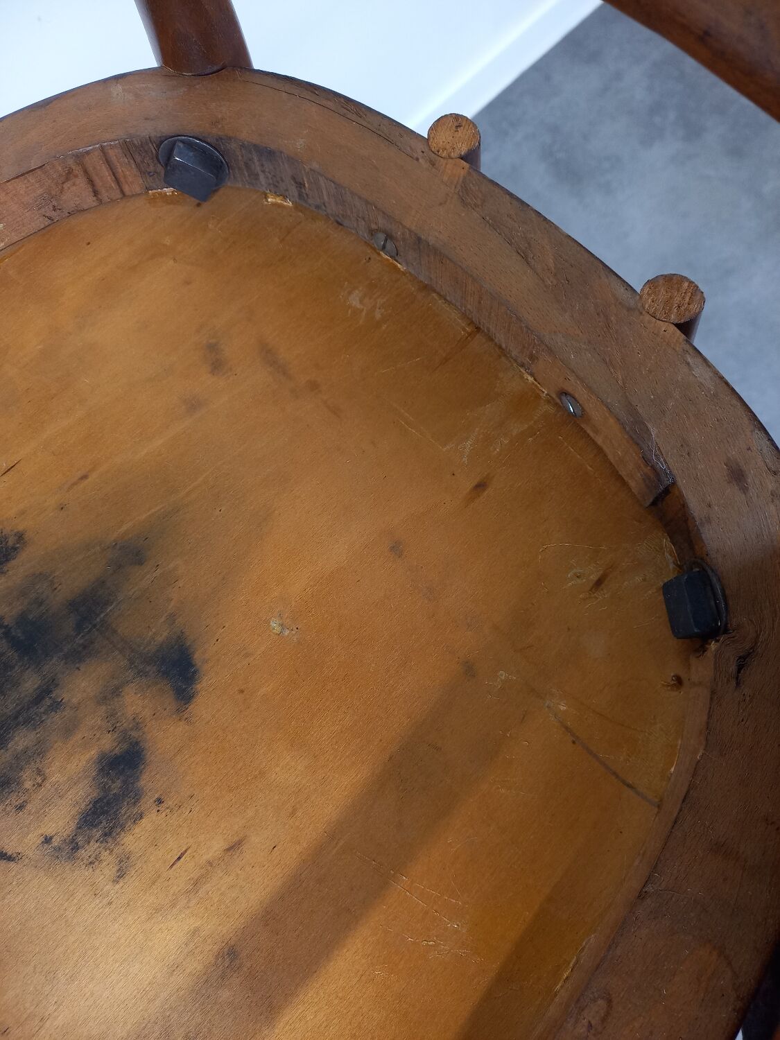 Pair of curved wooden bistro armchairs