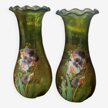 Pair old vases floral decoration enamelled
