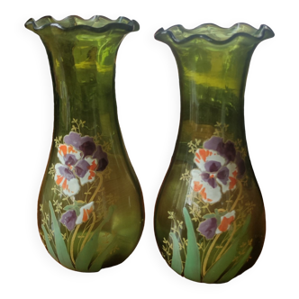 Pair old vases floral decoration enamelled