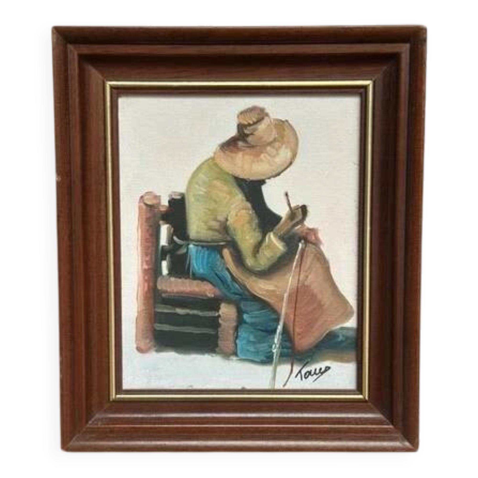 Original Swedish Oil on canvas “Basket-Making Woman” Signed & Framed 27×33cm