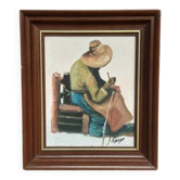 Huile sur toile originale suédoise "Femme faisant des paniers" Signée et encadrée 27×33cm