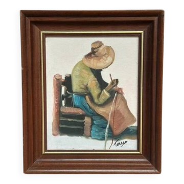 Huile sur toile originale suédoise "Femme faisant des paniers" Signée et encadrée 27×33cm