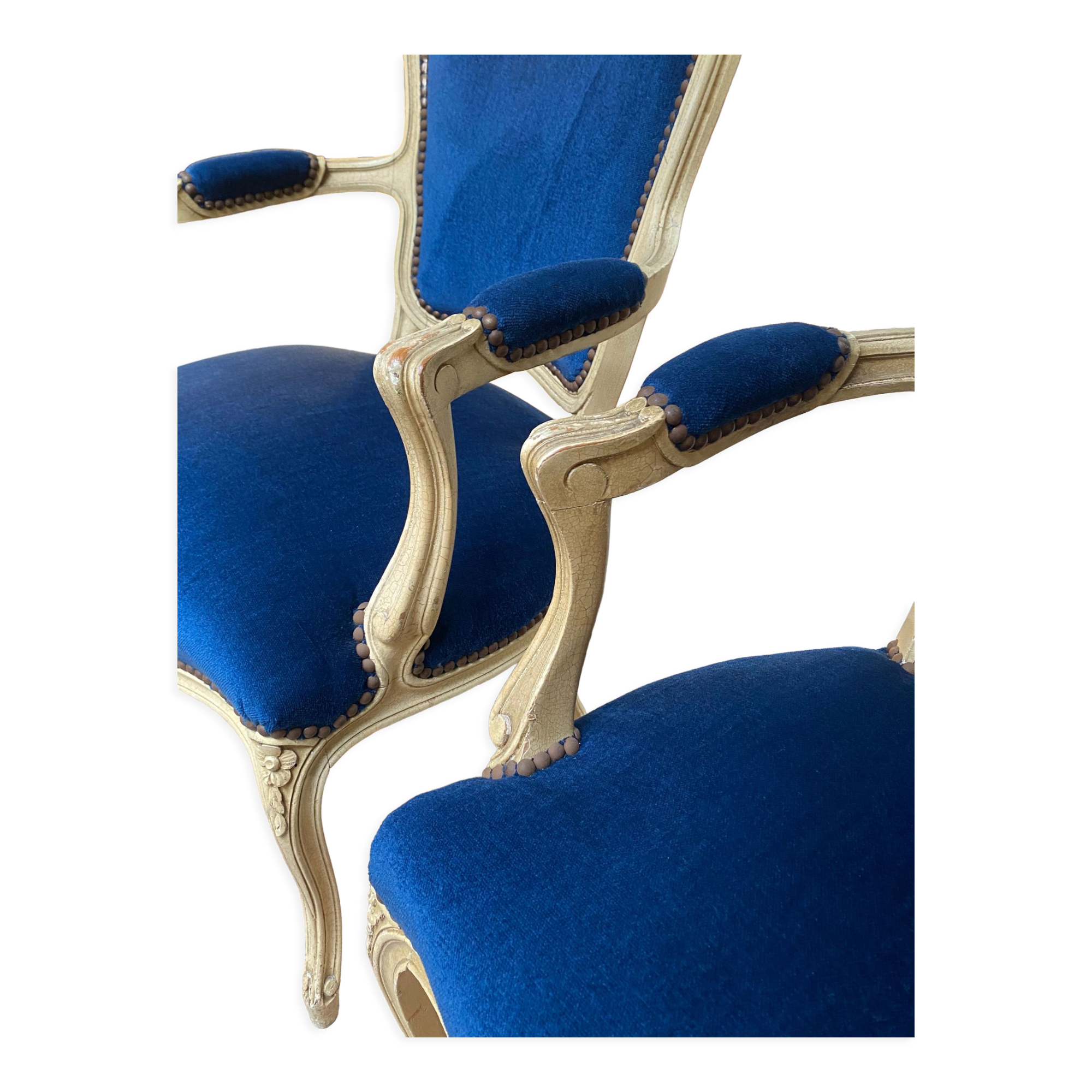 pair of Louis XV style armchairs in blue velvet