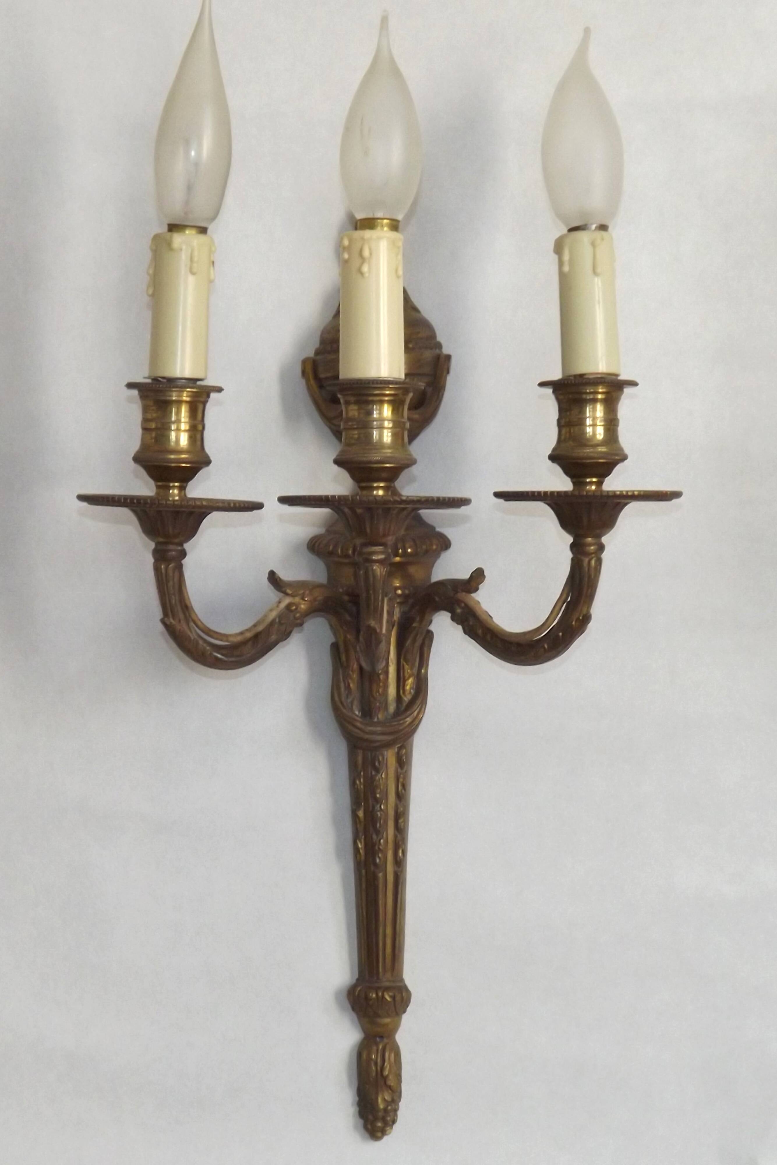 Magnificent Pair French Antique Bronze Triple Wall Lights Urn & Swag Detail