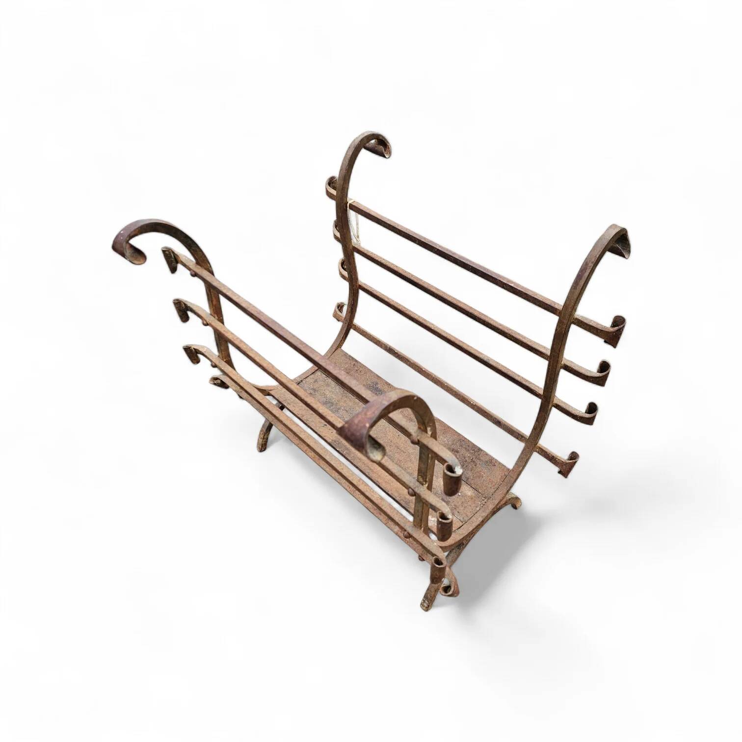 Vintage black wrought iron fireplace log holder / 1960s