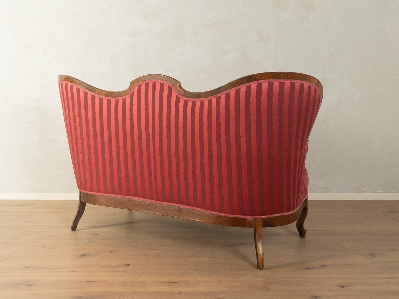 Biedermeier salon bench with raspberry red striped upholstery