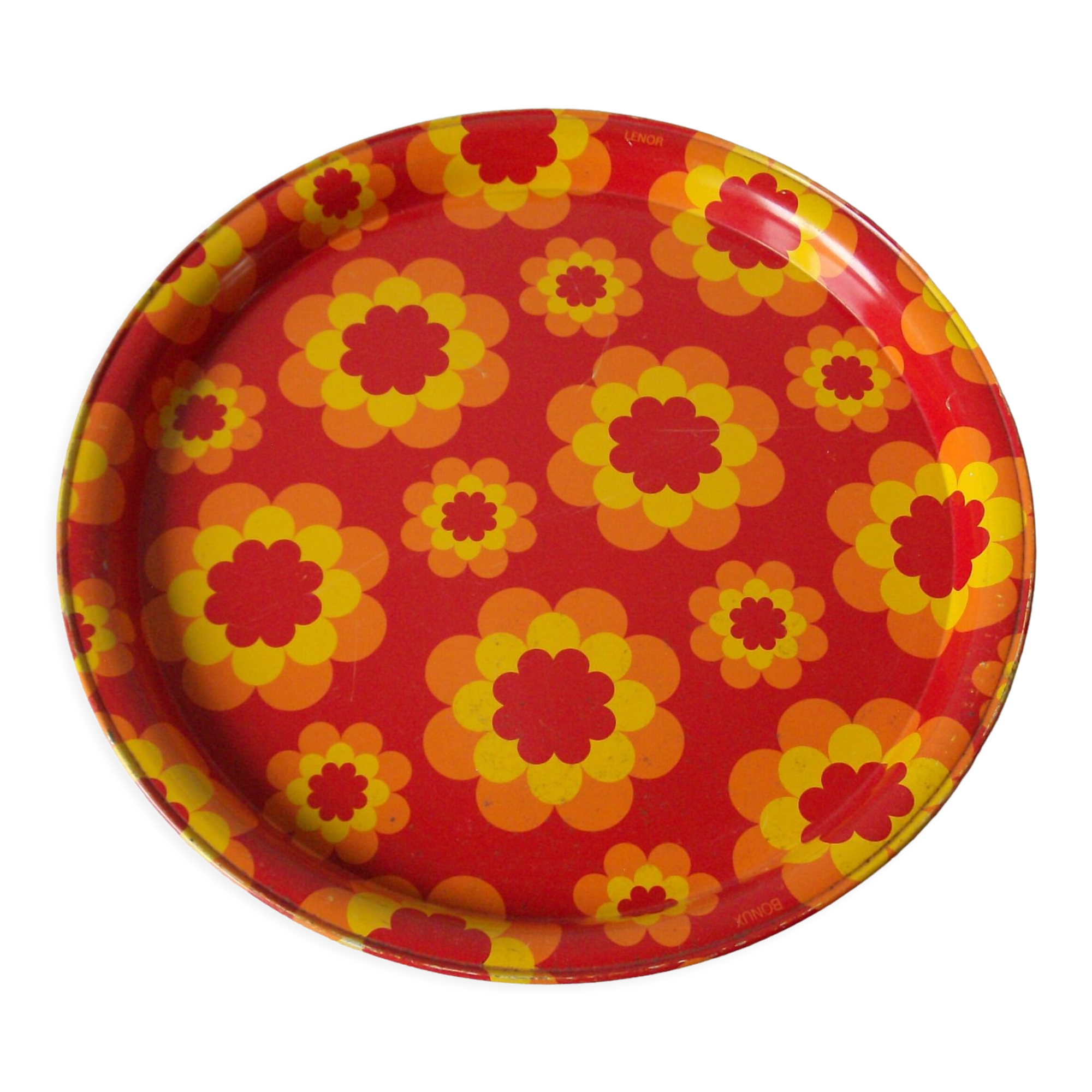 Old metal serving tray 1970s décor large orange flower