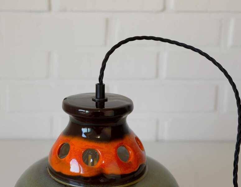 Vintage ceramic pendant light: 1970s rustic handmade chandelier