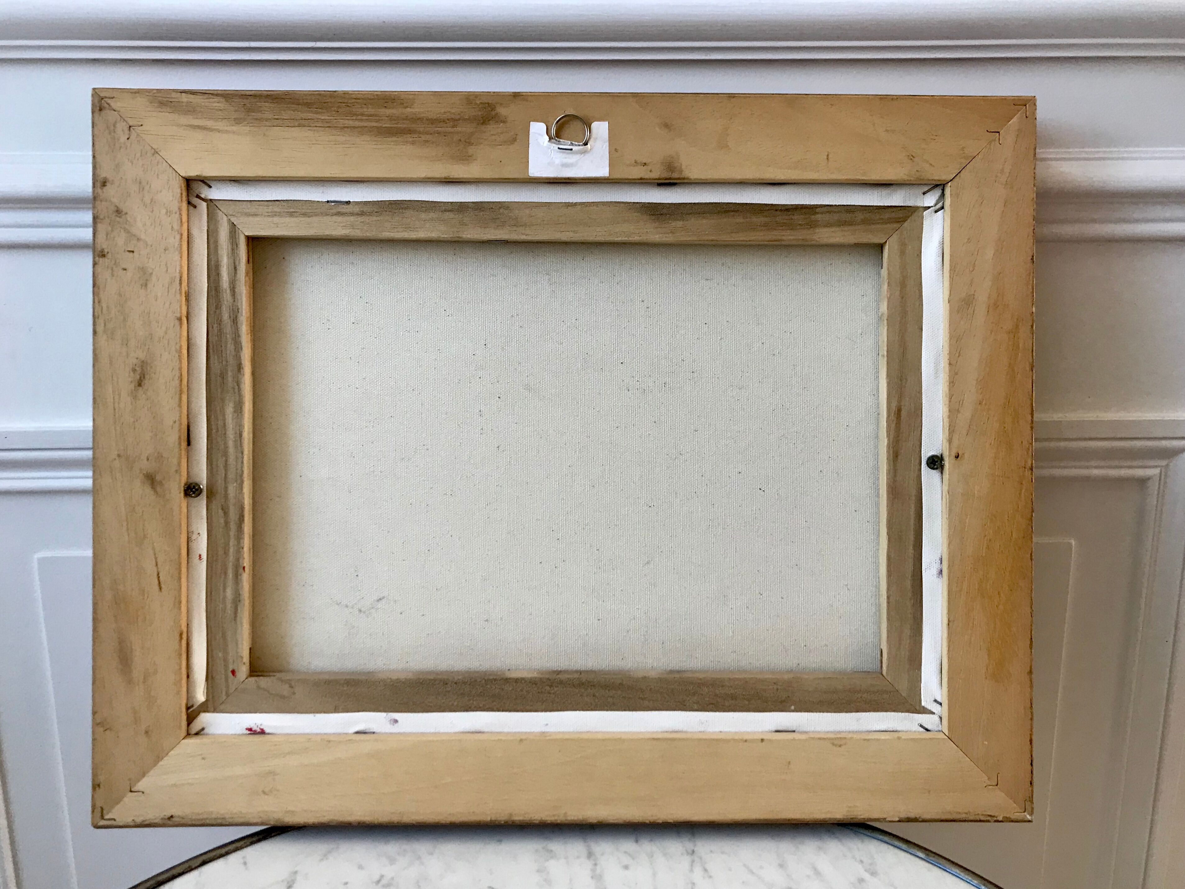 Painting oil on canvas city and trees framed pastel tones signed vintage