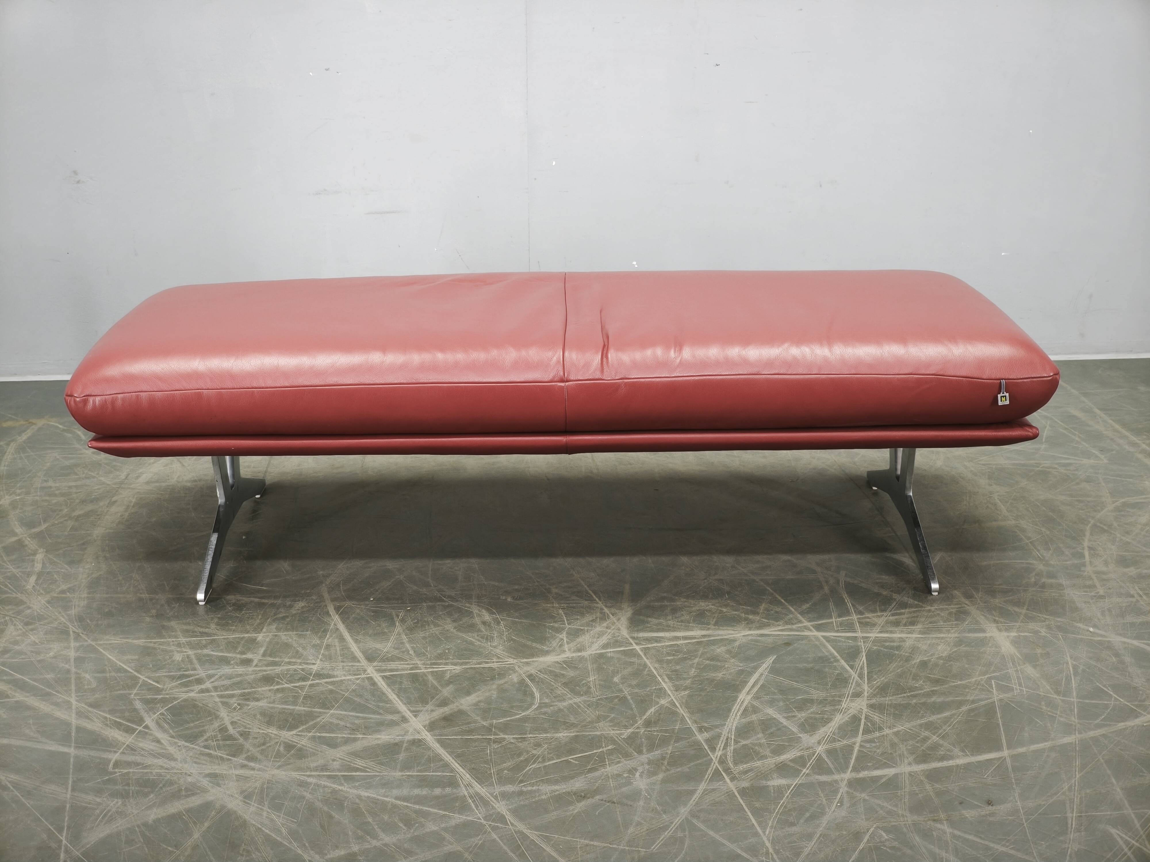 German Koinor Leather Bench with Brushed Stainless Steel Base 2020s