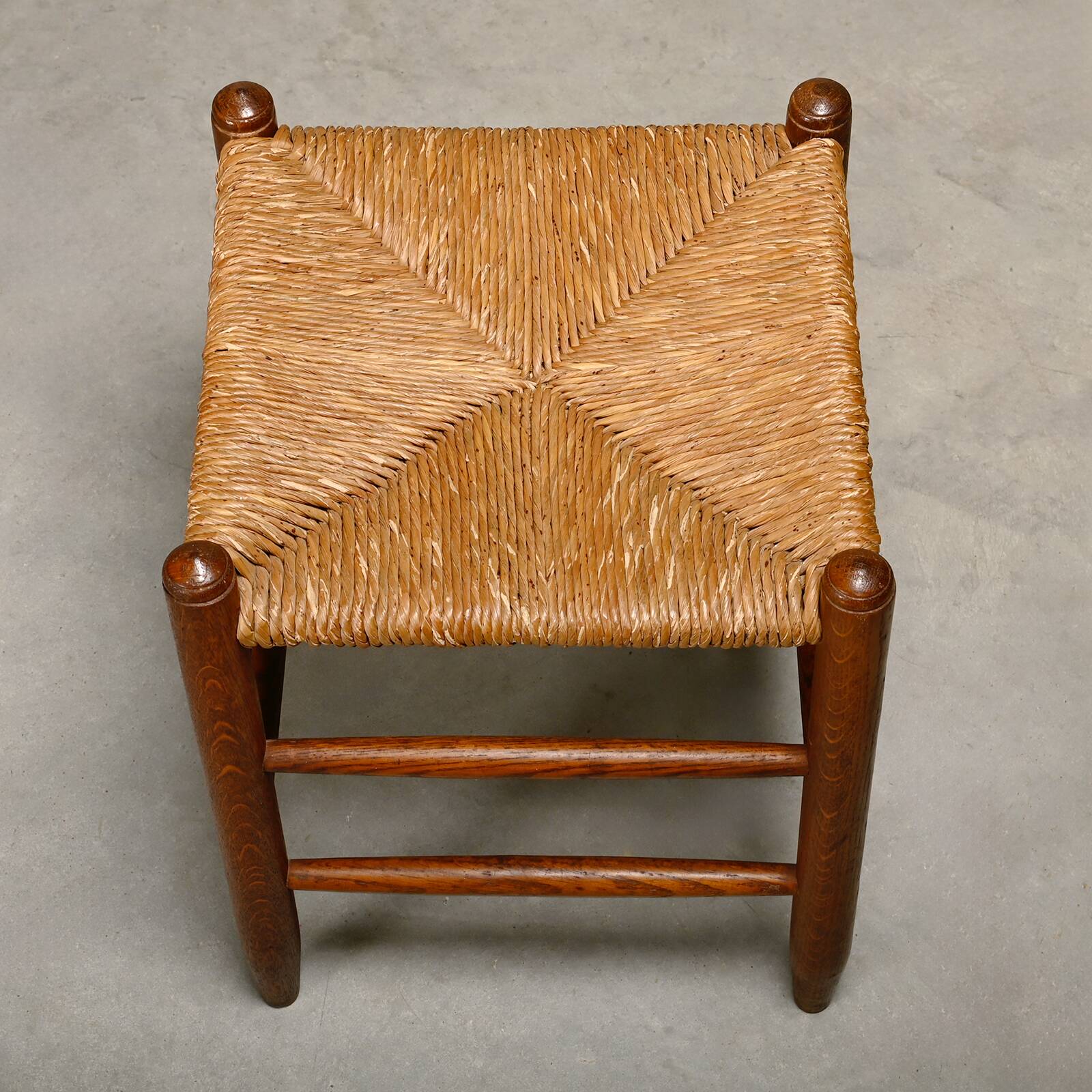 Rustic Armchair and Stool in stained oak and rush, France 1950s