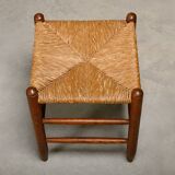 Rustic Armchair and Stool in stained oak and rush, France 1950s