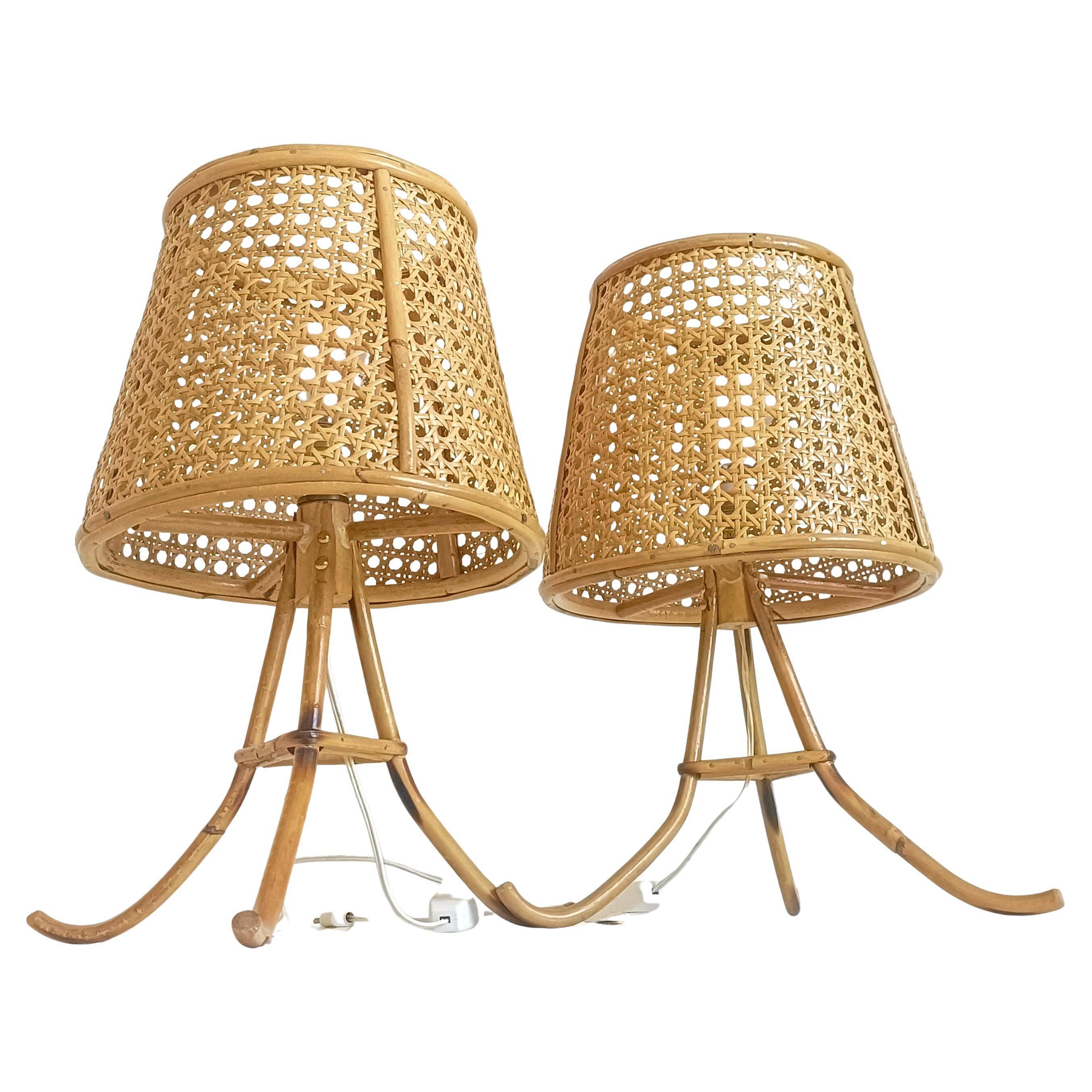 Mid-Century Bamboo and Cane Pair of Large Table Lamps By Louis Sognot, 1970s