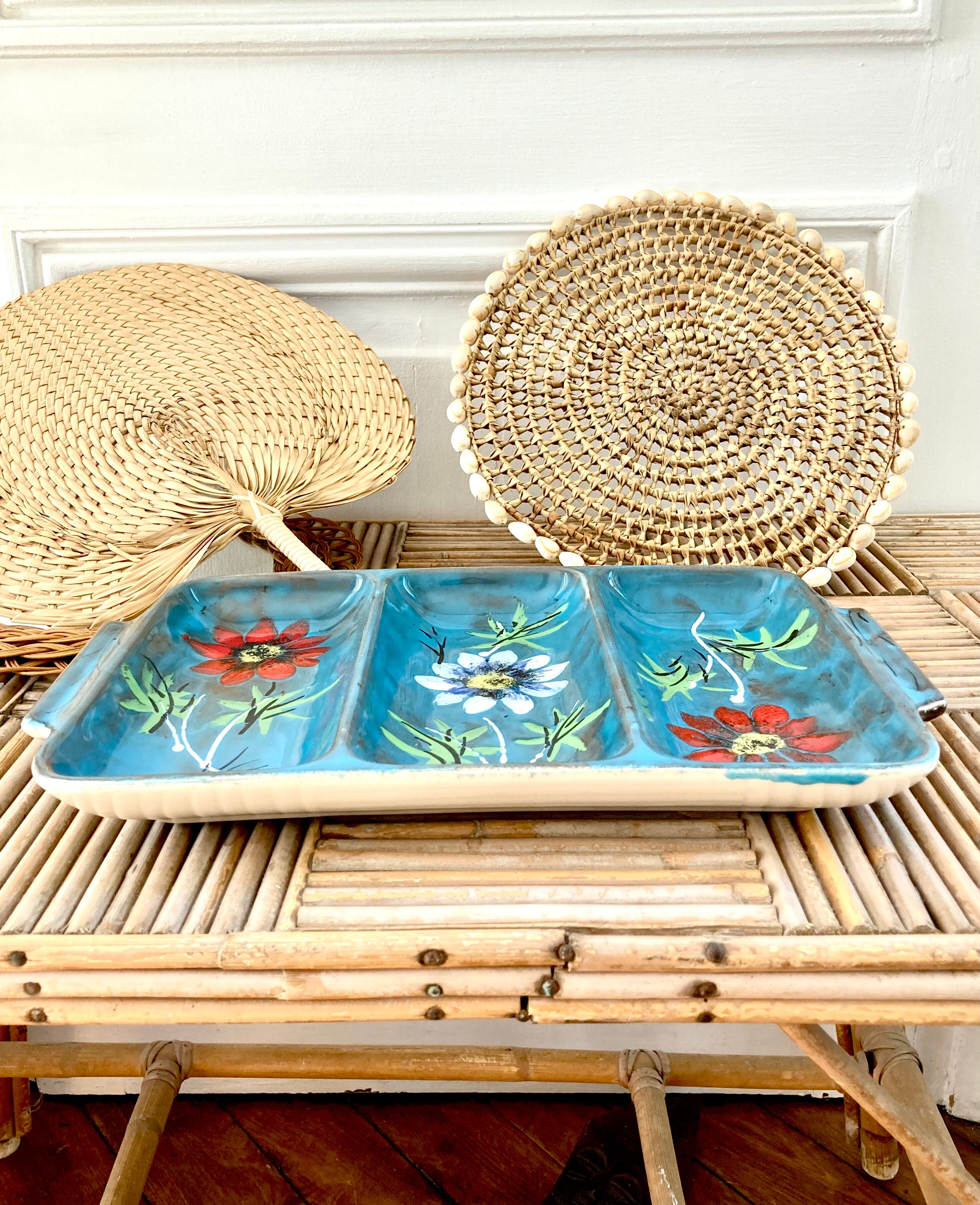 Glazed ceramic dish with flowers 50s